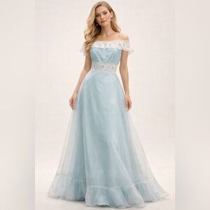 Sylvia Ann Aqua Lace Ruffle Chiffon Gown S/M Vintage